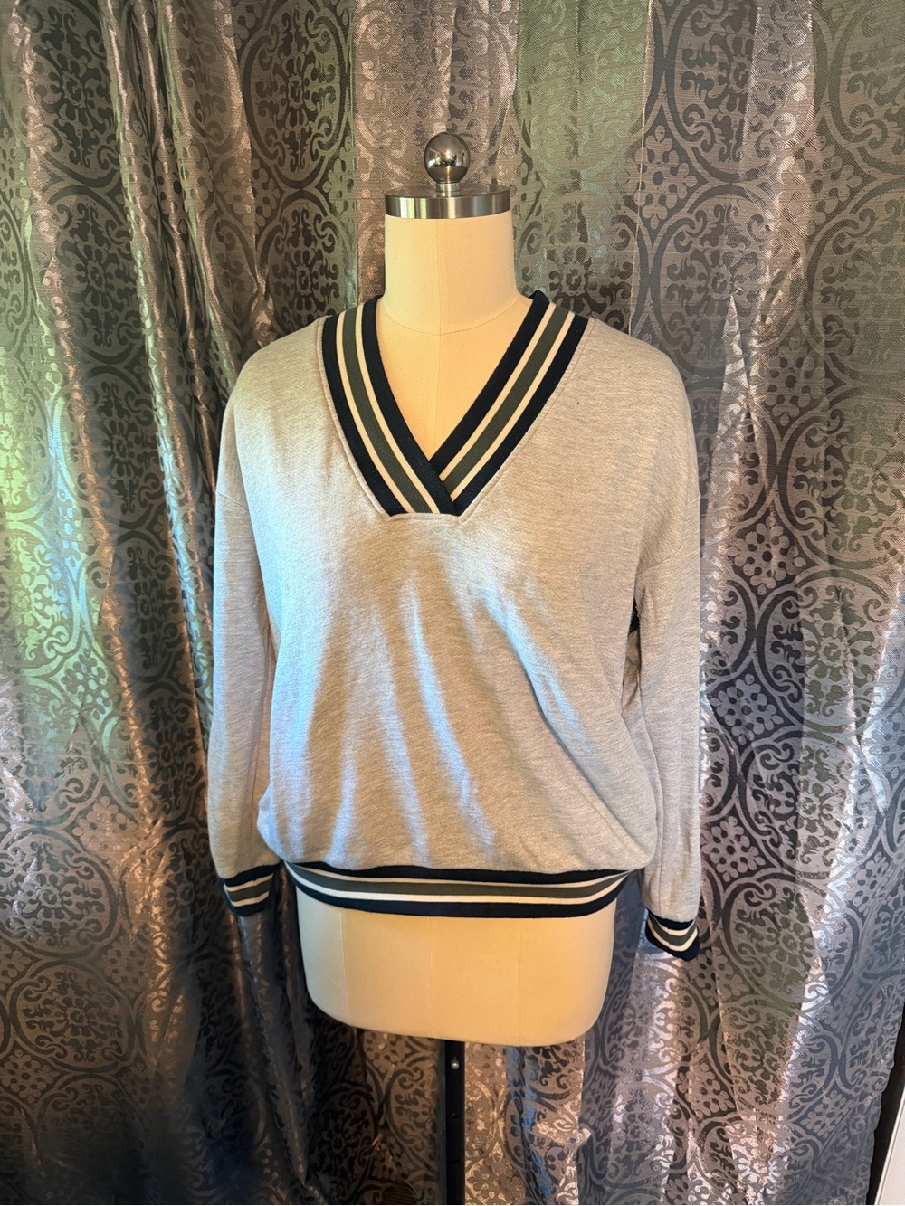 EVEREVE: Light Gray V-Neck Stripe-Trim Women's Sweatshirt